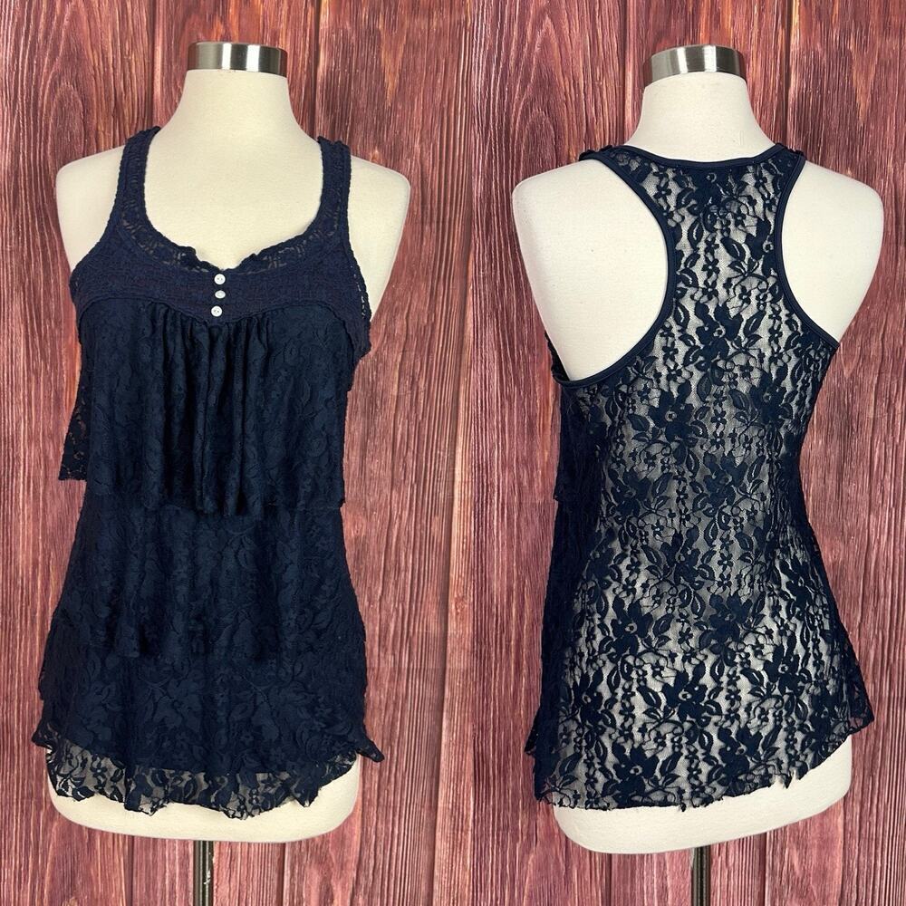 VTG Y2K American Rag Womens Lace Navy Blue Tank Top Tiered Boho Size Medium M